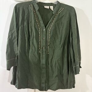 Erika Linen Blend Top Womens 2X Tunic Green 1/4 Button Beaded 3/4 Sleeves Boho